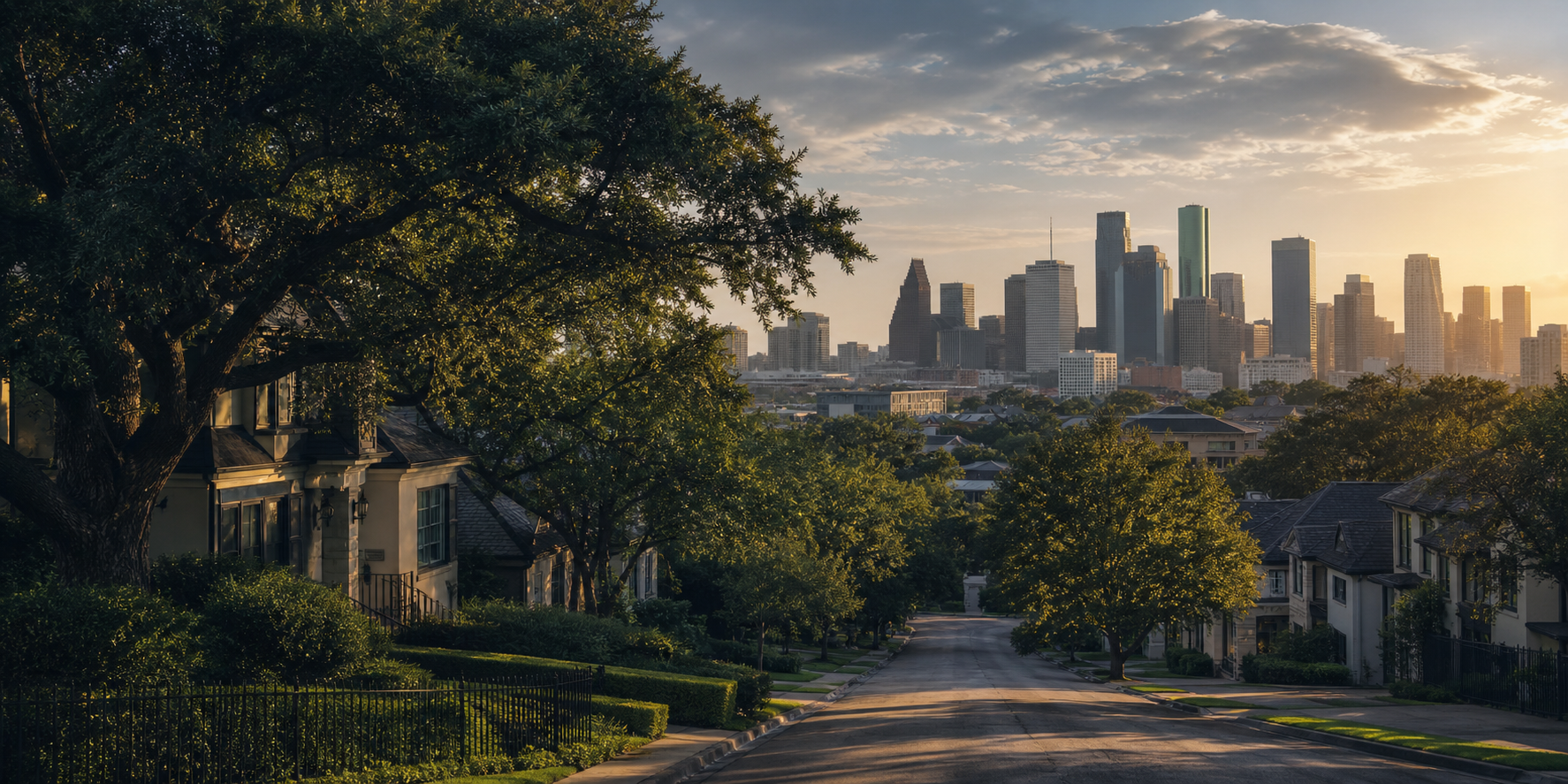 A leafy Houston neighborhood with the downtown skyline in the distance
