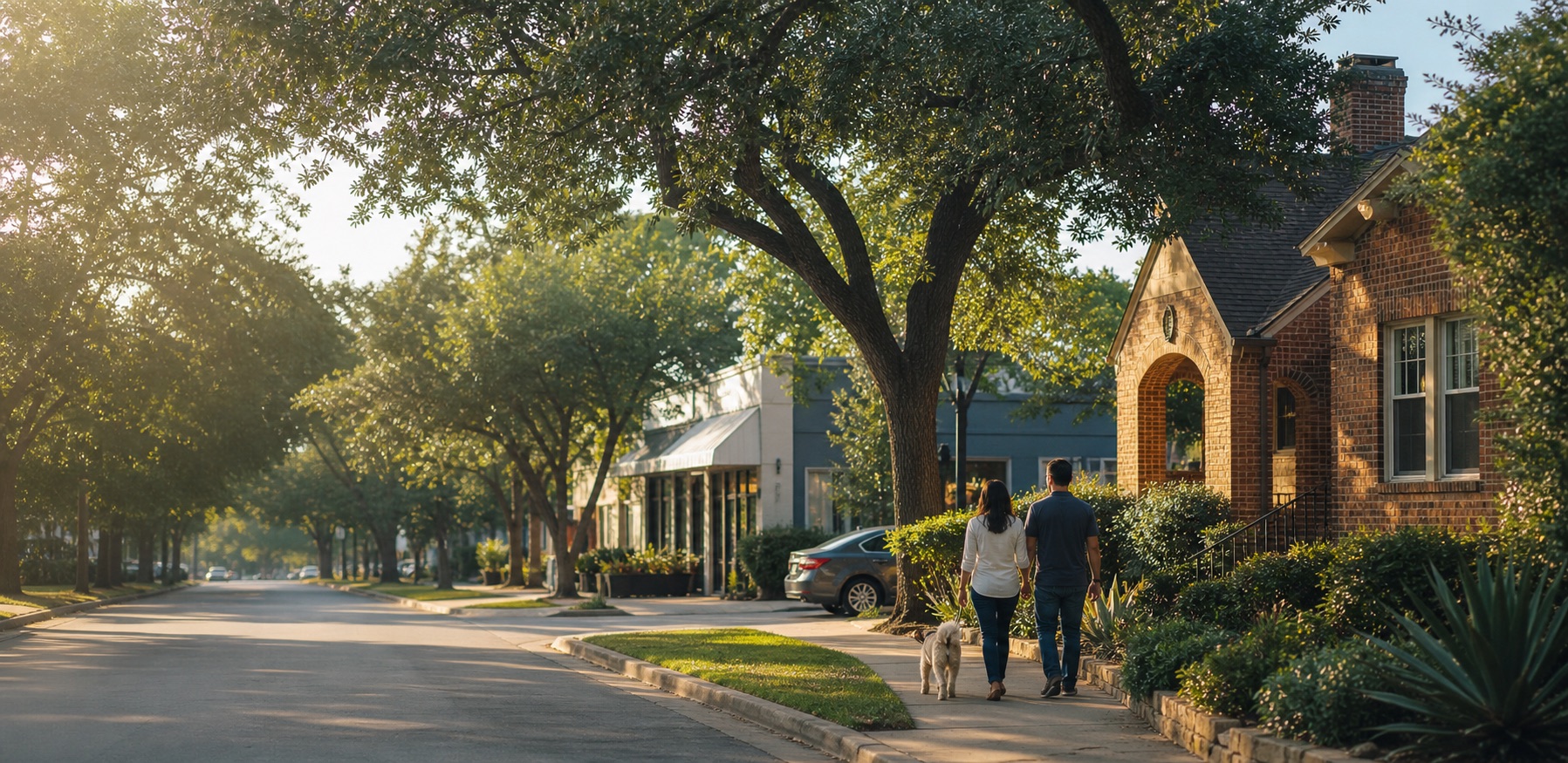 A tree-lined Texas neighborhood with a home, local storefront, and residents walking nearby