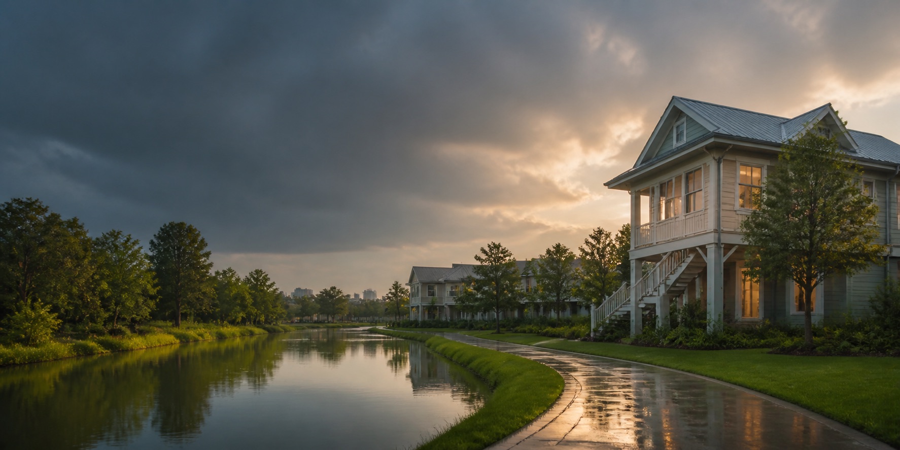 Raised Houston homes beside a bayou after a rainstorm