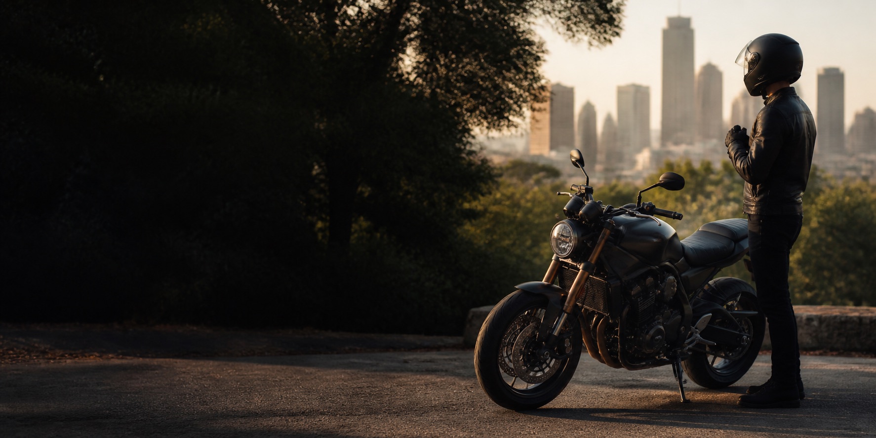 A fully equipped rider beside a motorcycle at a Houston overlook