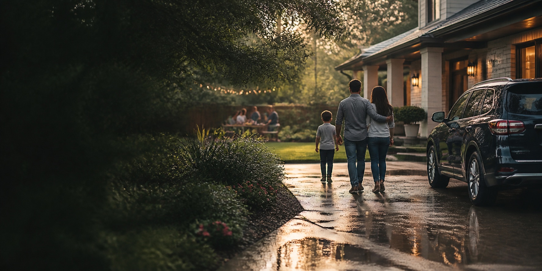 A Houston family arriving home after a light rain
